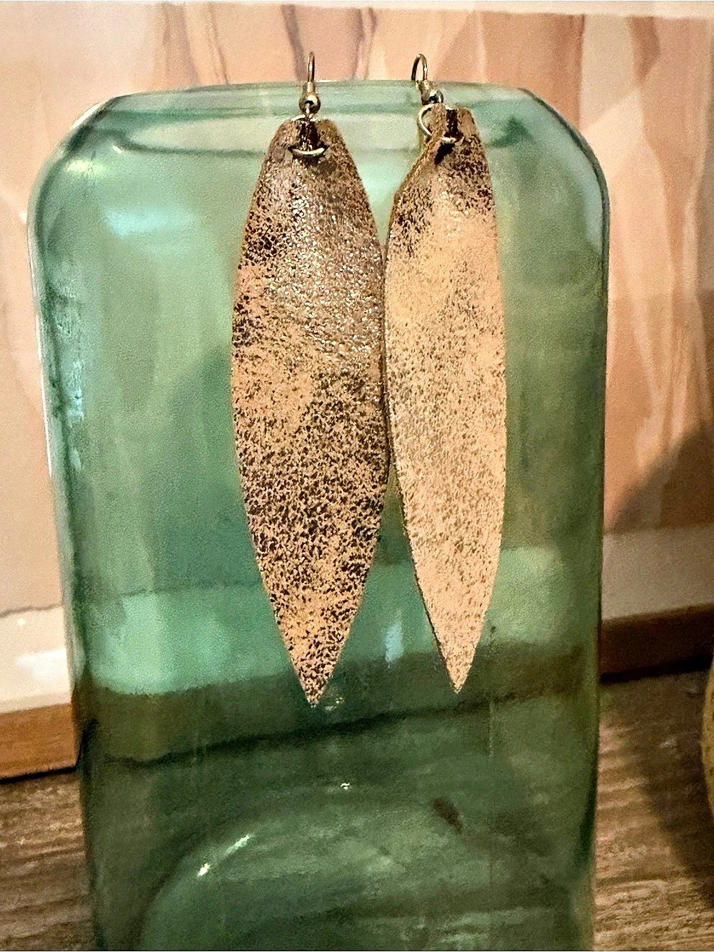 Textured Leather Leaf Earrings in Metallic Finish